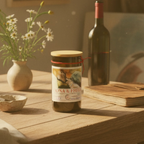wine bottle candle on a wood table with flowers an old book and a wine bottle