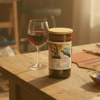 Wine bottle candle Fiona & Fritz on a wooden table with a glass of red wine, blurred background