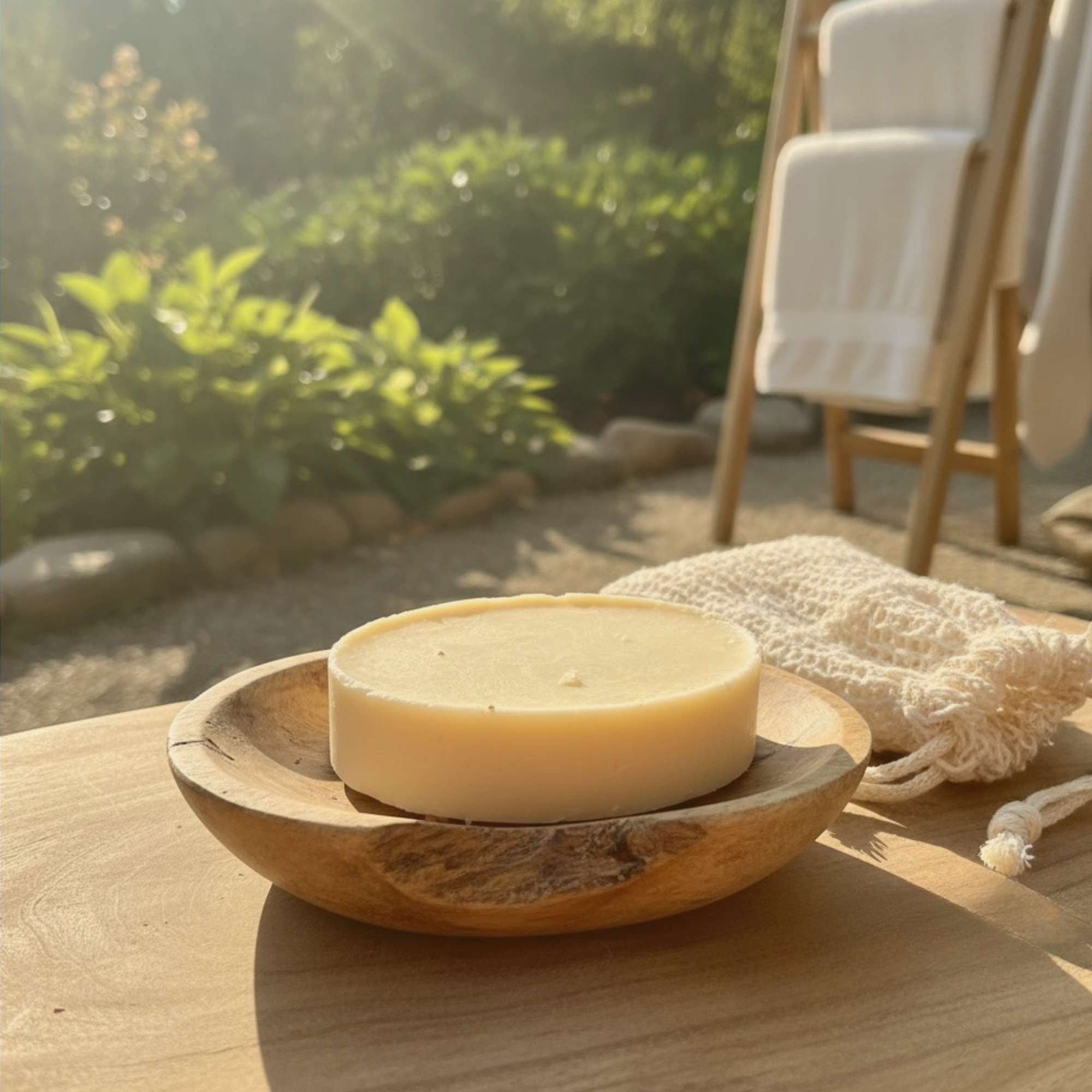 Lotion bar  in a wooden dish with a loofah on a wooden surface outdoors.