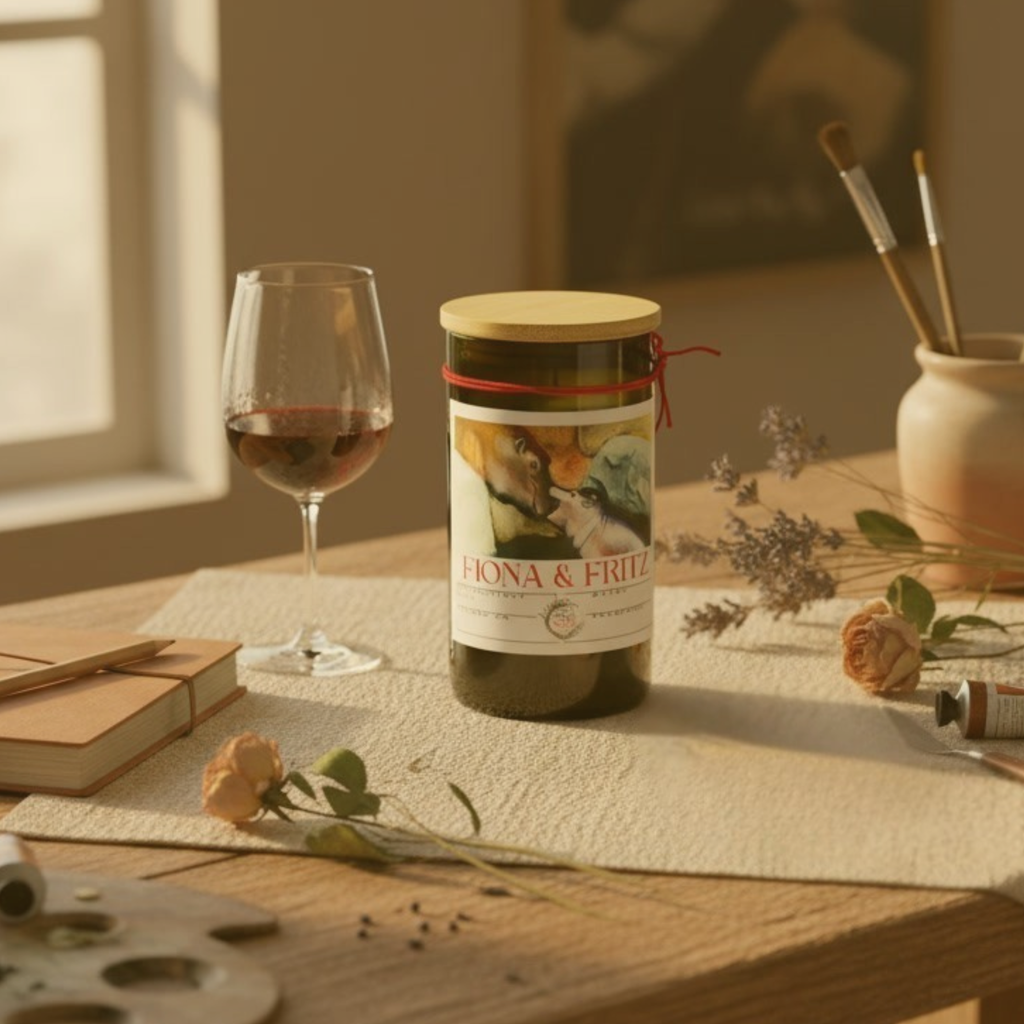 wine bottle candle with a label, glass of red wine, and books on a wooden table.
