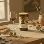 wine bottle candle with a label, glass of red wine, and books on a wooden table.