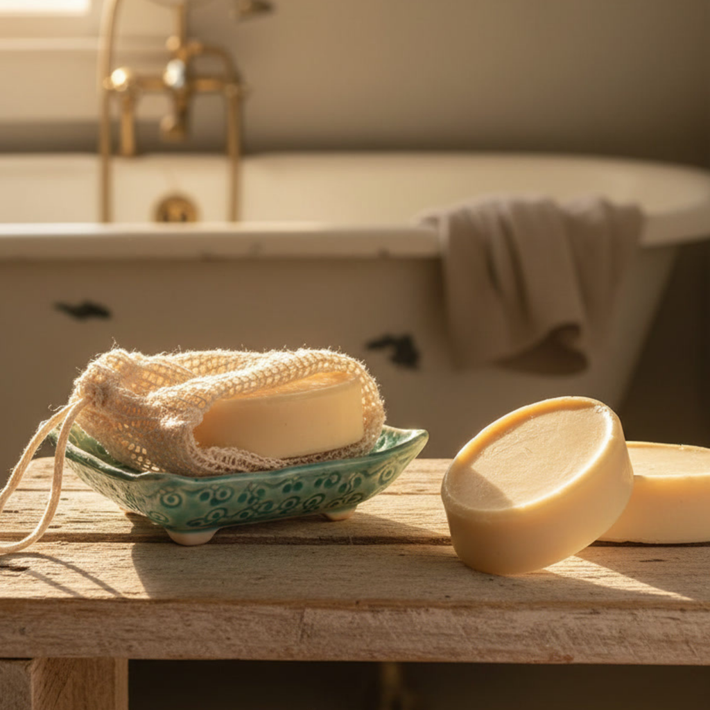 Lotion bar  on a wooden surface with a bath tub in the background