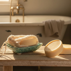 Lotion bar  on a wooden surface with a bath tub in the background