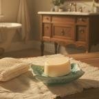 Lotion bar on a decorative soap dish with a wooden vanity in the background