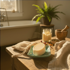 Lotion bar on a green dish with a candle, plant, and bathtub in the background