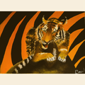 Artistic depiction of a tiger with a stylized tiger stripe background